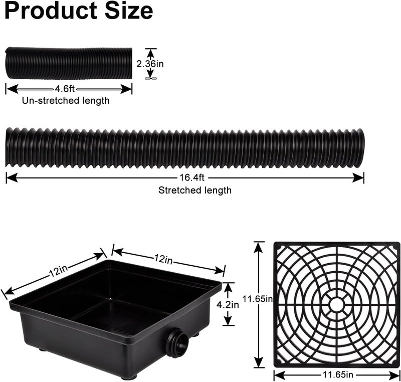 Prestantious Low Profile Catch Basin Drain Kit Downspout Extender, 12"×12" Catch Basin Gutter Downspout Extensions with 2" ID Flexible Pipe, Pipe Stretched Length 16.4ft, Rainwater Drainage System - Image 2